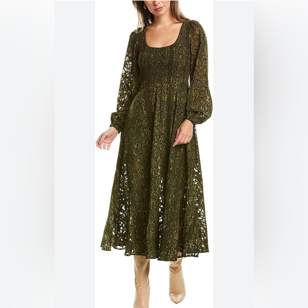 French Connection Aury Smocked Maxi Dress in Green Snakeskin Print/Size 2